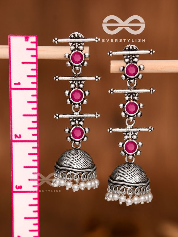 The Elegant Delight - Triple Layered Jhumkas (Ruby Red)