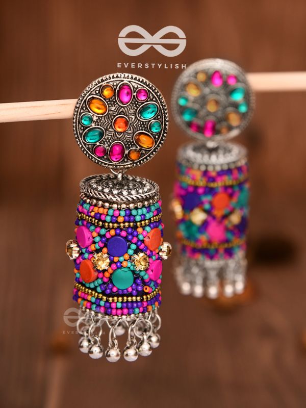 The Eye-Catching Statement Makers (Multicoloured) - Embellished Embroidered Jhumkas