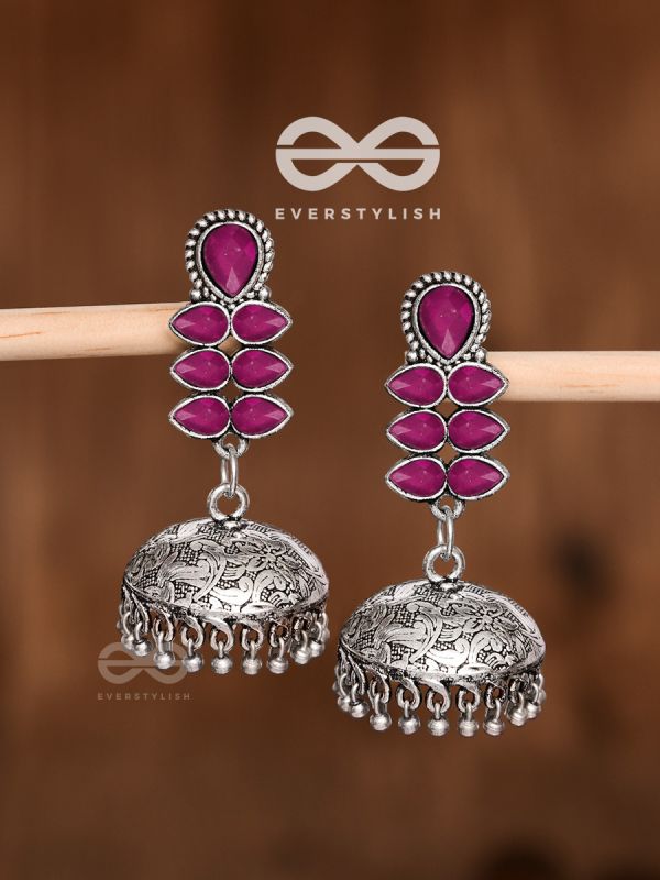 The Woman of Finesse - Embellished Oxidised Jhumkas (Ruby Red)