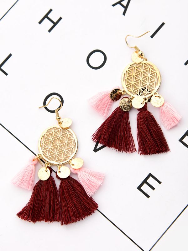 The Chic Dreamcatchers - Golden Tasseled Earrings (Pink-Maroon)