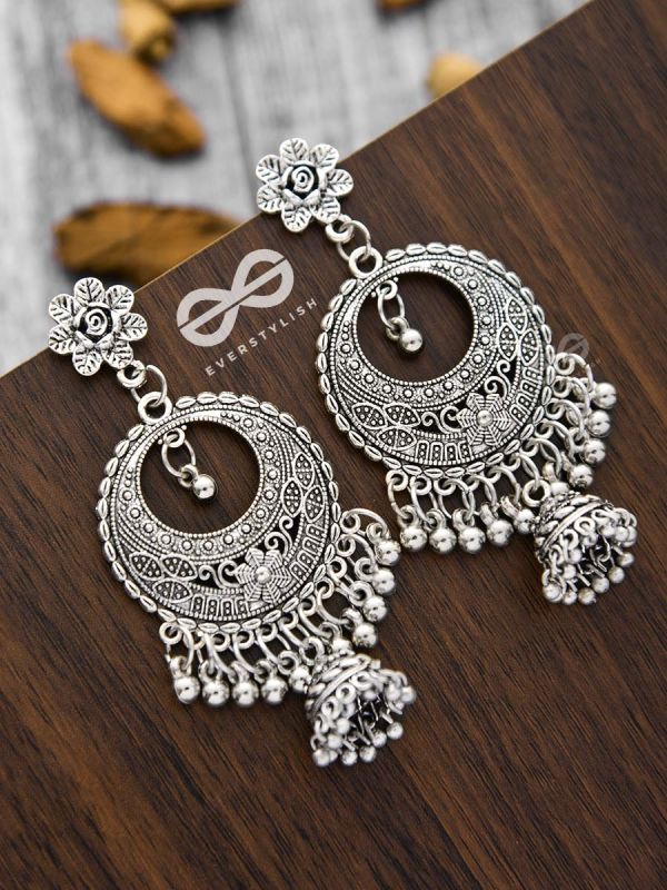 The Intricate Boho Artwork Jhumkas - Oxidised Boho Earrings