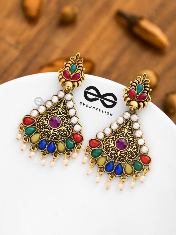 The Embellished Intricate Elegance - Golden Statement Earrings