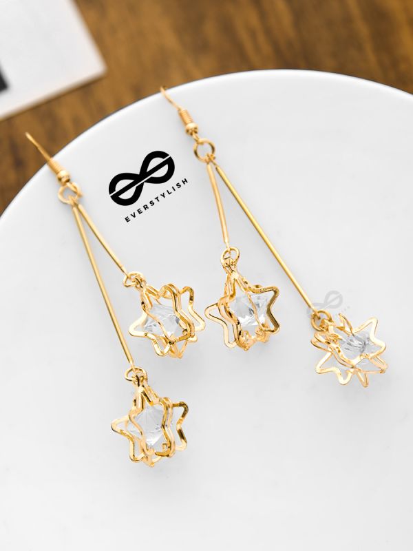 The Double Star Studded Danglers - Golden Casual Earrings