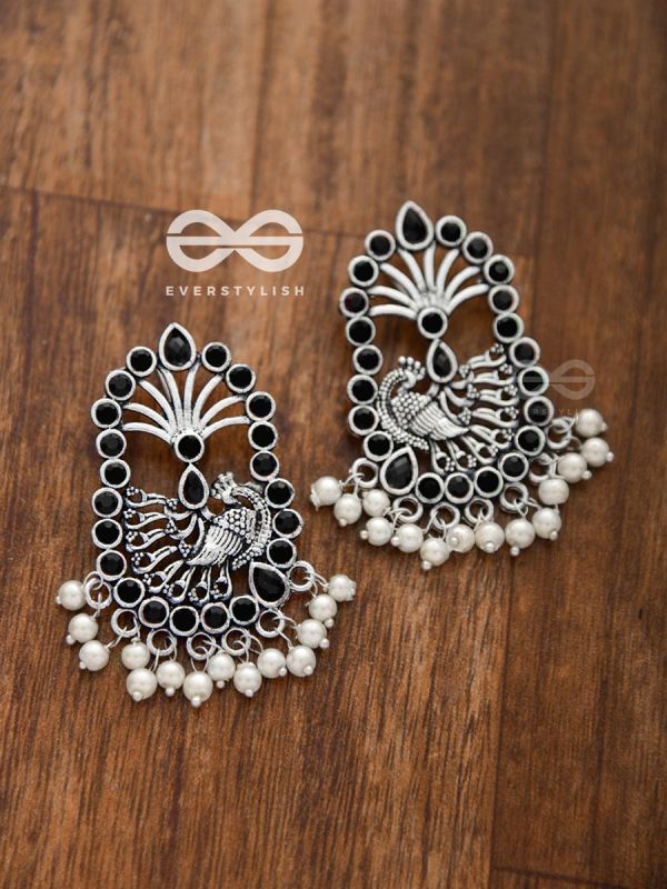 The Delightful Peacock artwork (Onyx Black) - Embellished Oxidised Earrings
