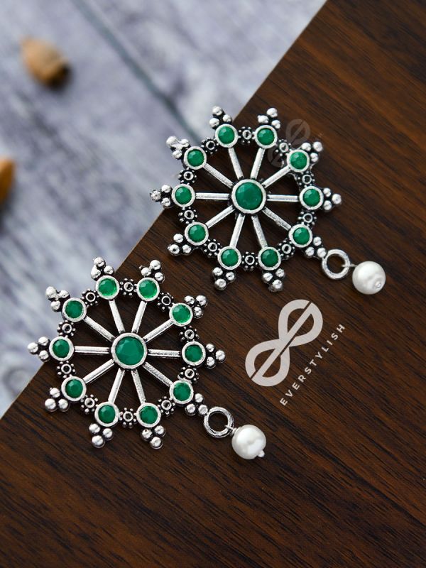 'Steering My Own Ship' - Embellished Oxidised Earrings (Emerald Green)