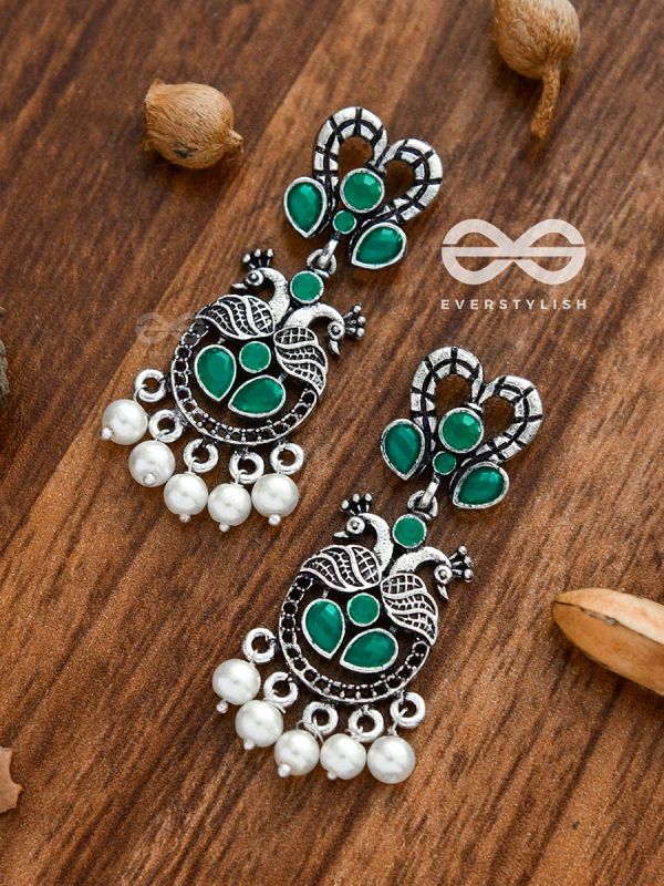 The Enigmatic Peacock Artwork Earrings (Emerald Green) - Embellished Oxidised Collection