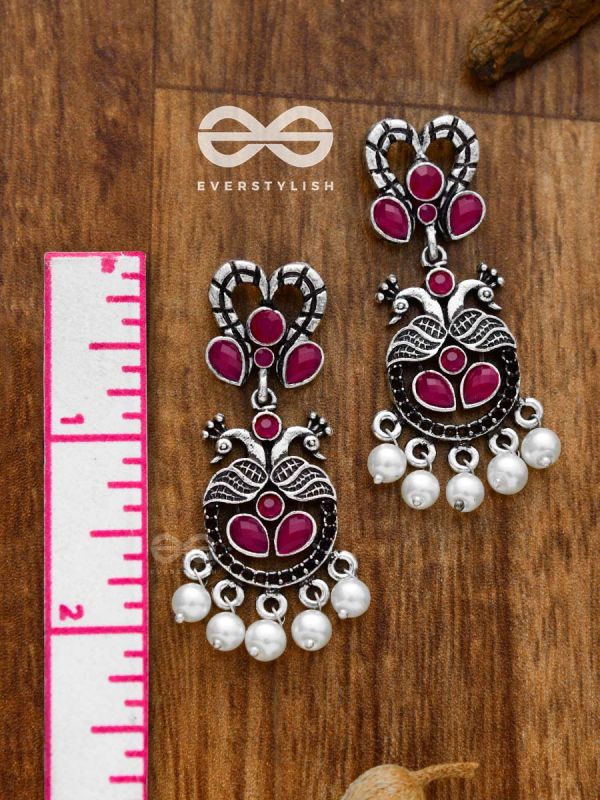 The Enigmatic Peacock Artwork Earrings (Ruby Red) - Embellished Oxidised Collection