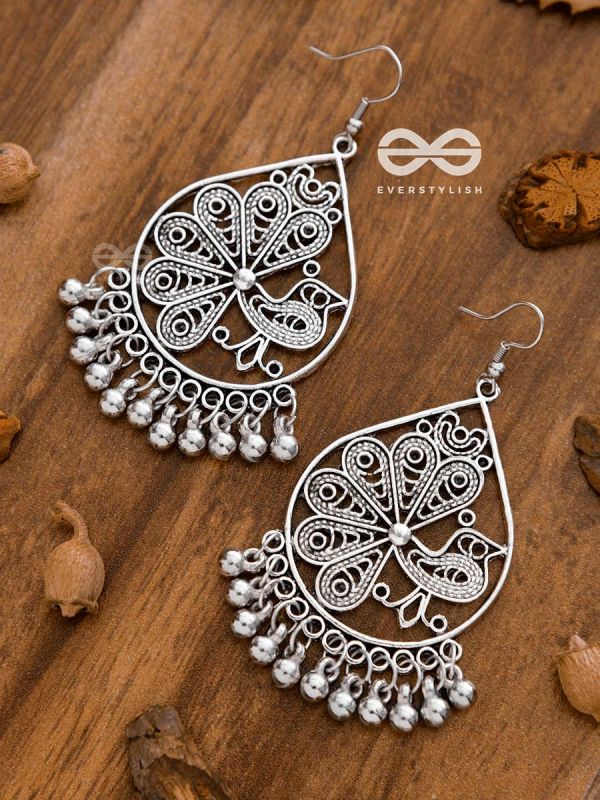 The Intricate Peacock Danglers - Oxidised Boho Earrings