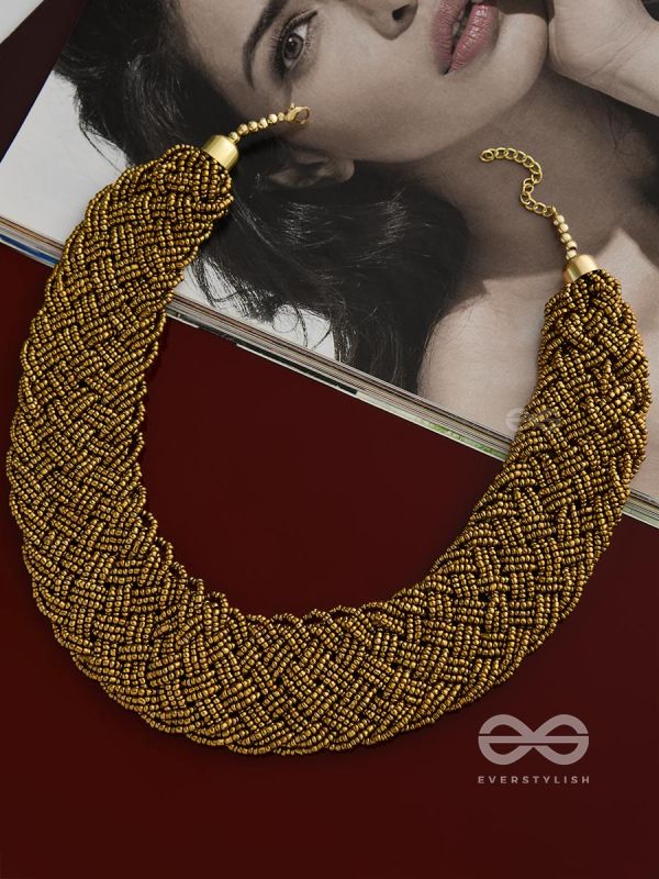 The Beauteous Braided Criss-Cross Beaded Necklace (Golden)