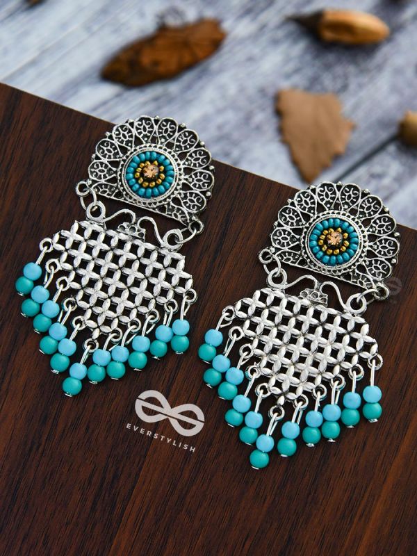 The Criss-Cross Embroidered Sun (Blue) - Embroidered Oxidised Earrings