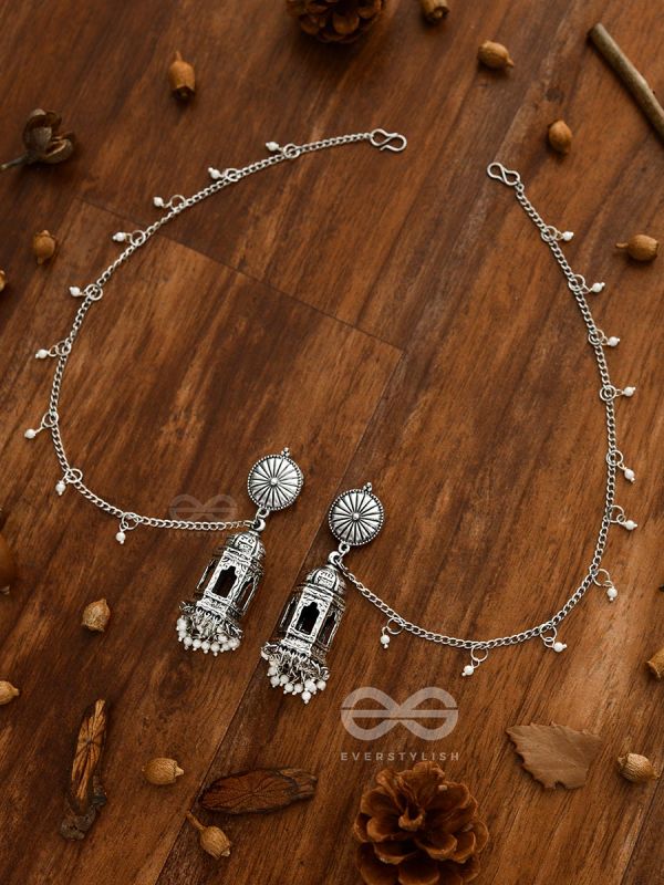 A Divine Allure - Oxidised Silver Earrings with hair Attachement