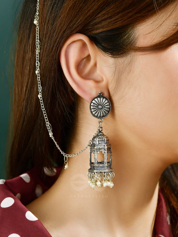 A Divine Allure - Oxidised Silver Earrings with hair Attachement