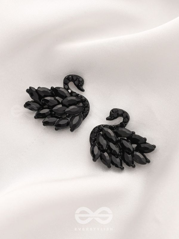 The Crystal Feathered Swans - Statement Embellished Studs - Black