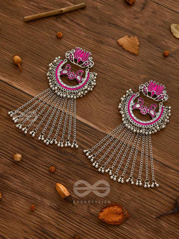 The Dangling Blooming Lotus - Statement Meenakari Earrings (Pink)