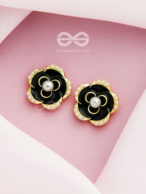 Dusky Blooms- Pearls Studded Black and Golden Earrings