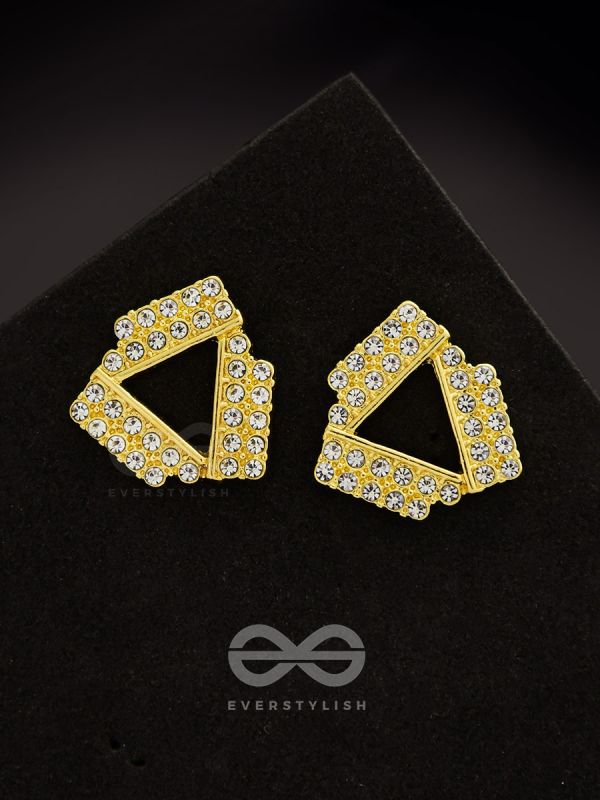 Twisted Triangles- Rhinestones Encrusted Golden Earrings