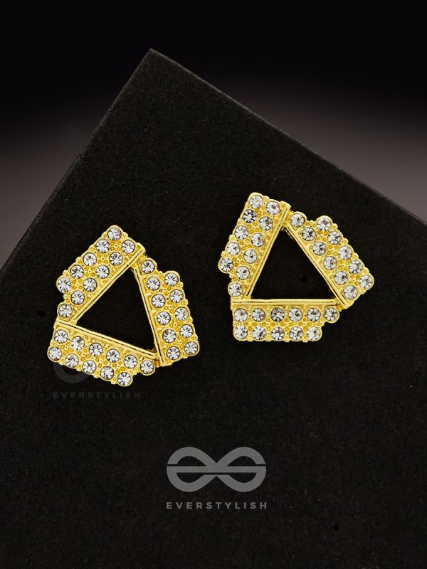 Twisted Triangles- Rhinestones Encrusted Golden Earrings
