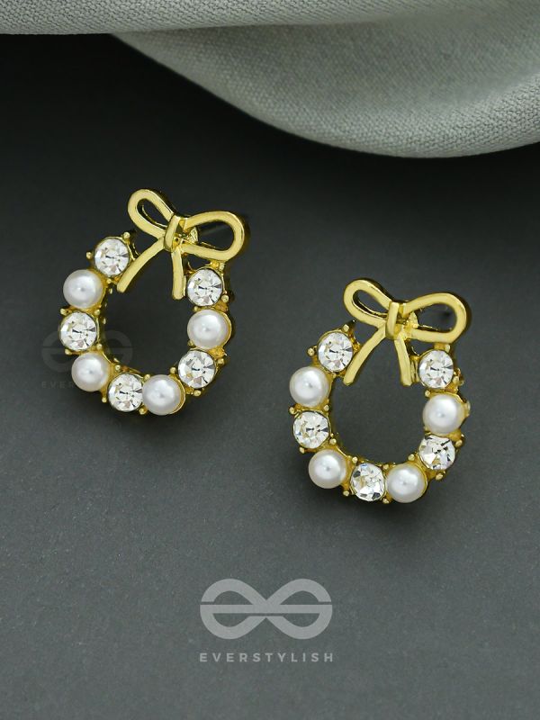 Pearl-fect Bows - Pearl and CZ Stone Studded Golden Earrings