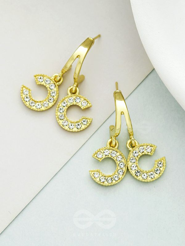 I 'C' You- Rhinestones Encrusted Golden Earrings