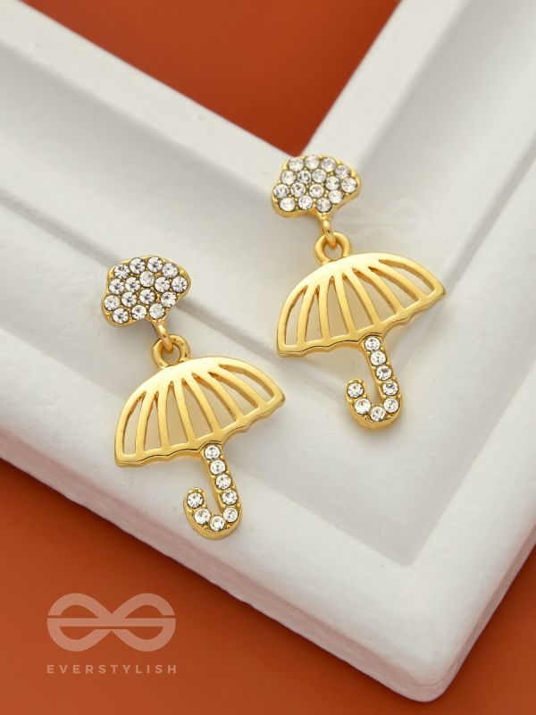 Rainy Day- CZ Stones Studded Golden Umbrella-Shaped Earrings