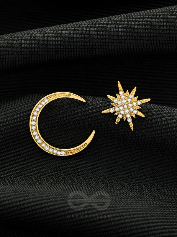 Ethereal Enchantment- Moon and Star Shaped Rhinestones Studded Golden Earrings