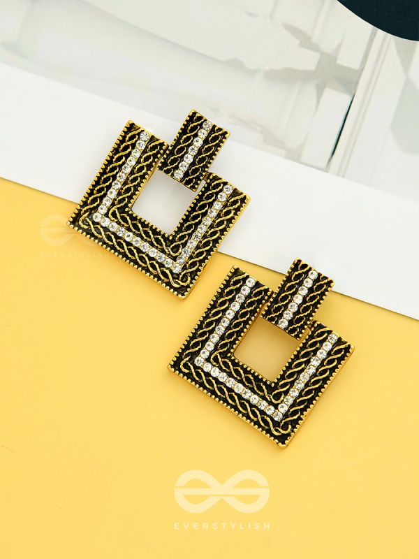 Geometric Grace - Rhinestone Encrusted Golden Earrings
