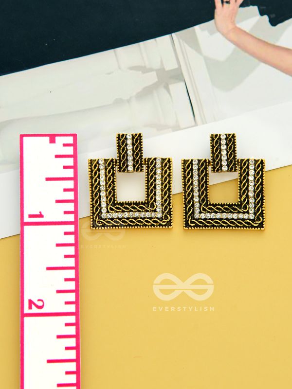 Geometric Grace - Rhinestone Encrusted Golden Earrings
