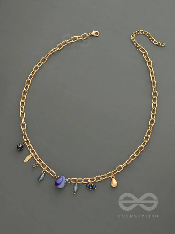 Fragments of the Sky- Blue Crystals Studded Golden Necklace