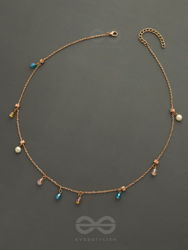 Rain In Paradise- Pearls And Crystals Studded Golden Necklace With Anti-Tarnish Coating
