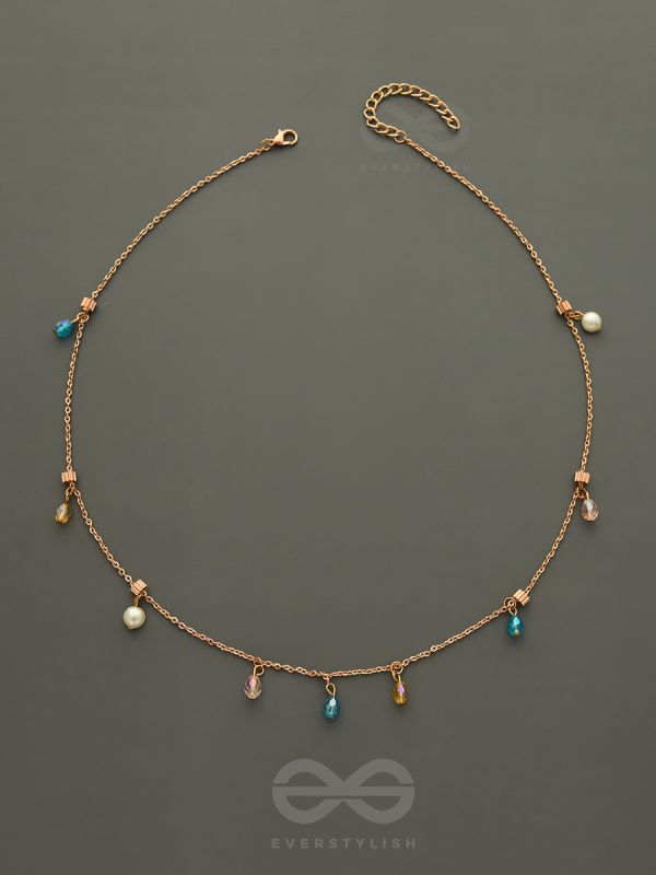Rain In Paradise- Pearls And Crystals Studded Golden Necklace With Anti-Tarnish Coating