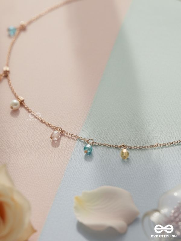Rain In Paradise- Pearls And Crystals Studded Golden Necklace With Anti-Tarnish Coating