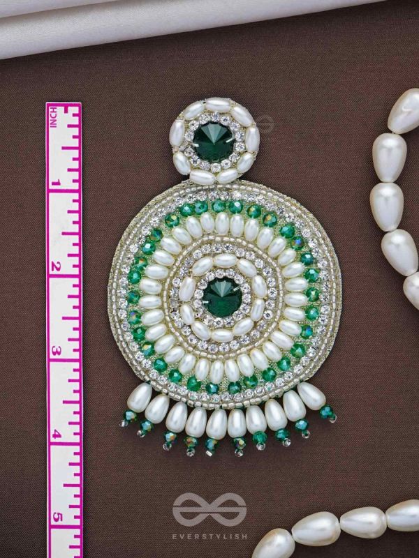 Advaita- The Unique Sphere- Emerald Green Stone, Pearls, and  Glass Beads Embroidered Earrings