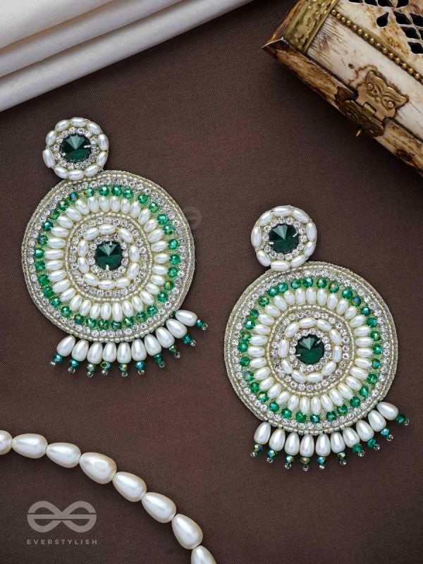Advaita- The Unique Sphere- Emerald Green Stone, Pearls, and  Glass Beads Embroidered Earrings
