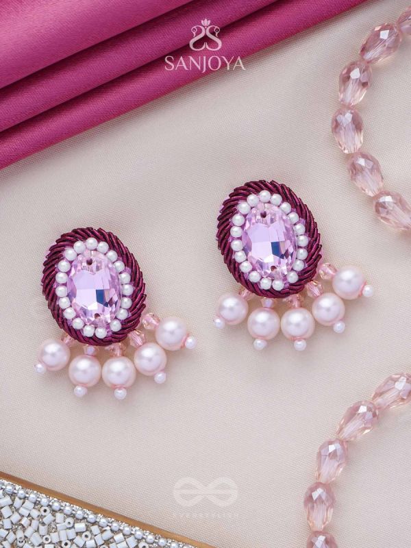  PANKEROOH- THE LOVELY LOTUS - PEARL AND STONE EMBROIDERED EARRINGS (BLUSH PINK & MAGENTA)