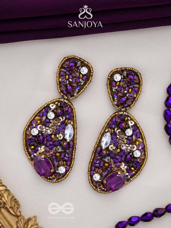  KARNIKAR- THE PURPLE FLOWER- STONE, SEQUINS AND BEADS EMBROIDERED EARRINGS (Violet & Fire Yellow)