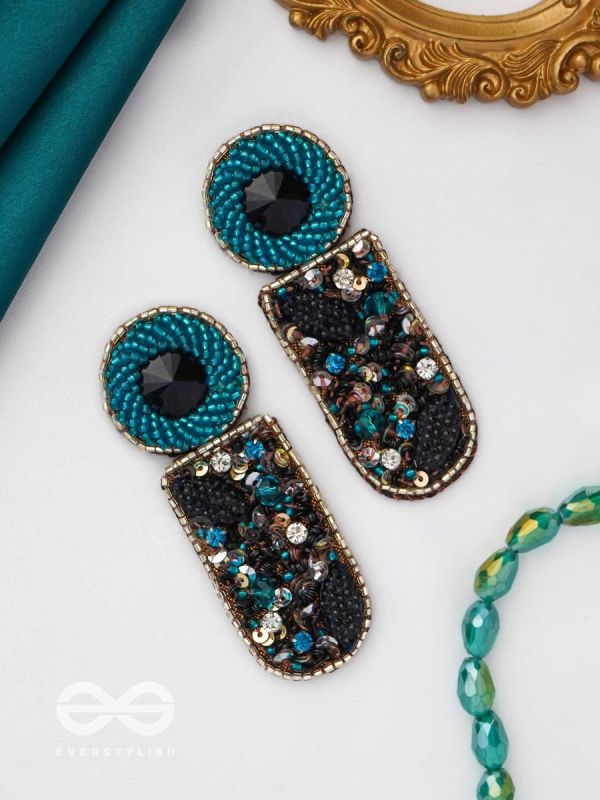 DRAVINAKA- THE FIERY- BEADS, SEQUINS AND STONE EMBROIDERED EARRINGS (Teal Blue & Midnight Black)