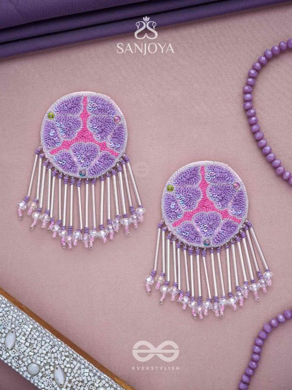Misraka - The Garden Of Paradise - Sequins, Resham And Beads Hand Embroidered Earrings (Amethyst Purple & Fuchsia Pink)