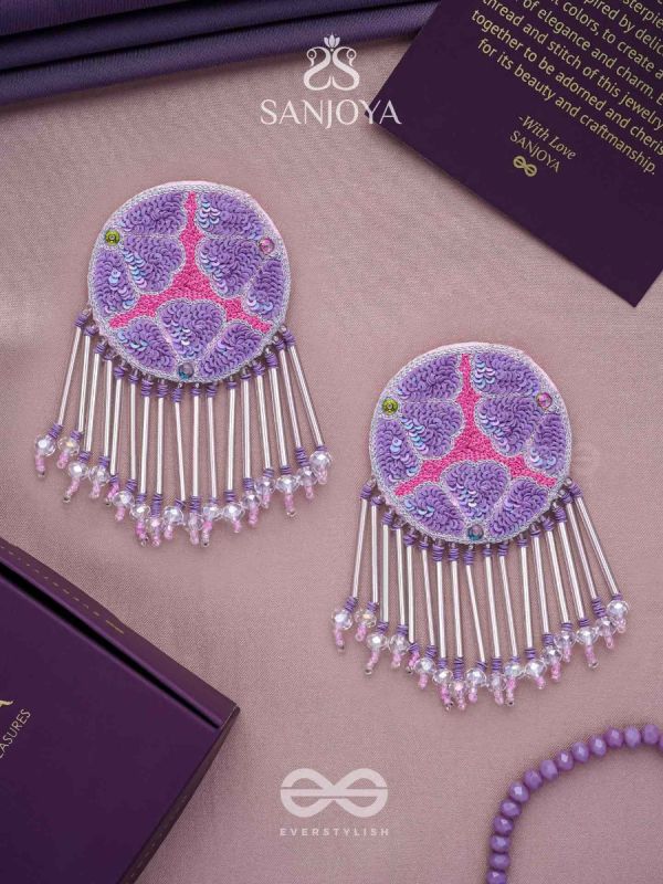 Misraka - The Garden Of Paradise - Sequins, Resham And Beads Hand Embroidered Earrings (Amethyst Purple & Fuchsia Pink)