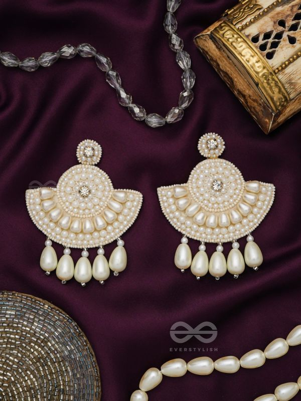 SURAMYA- THE PICTURESQUE CRESCENT- WHITE BEADS AND STONE EMBROIDERED EARRINGS