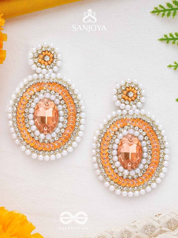 Vitanka - The Beautiful Ovals - Sequins, Stones And Beads Hand Embroidered Earrings (Carrot Orange)