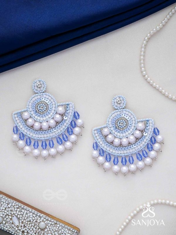 Suramya- The Picturesque Crescent- Sequins, Glass Beads and Stone Embroidered Earrings (Cobalt Blue)