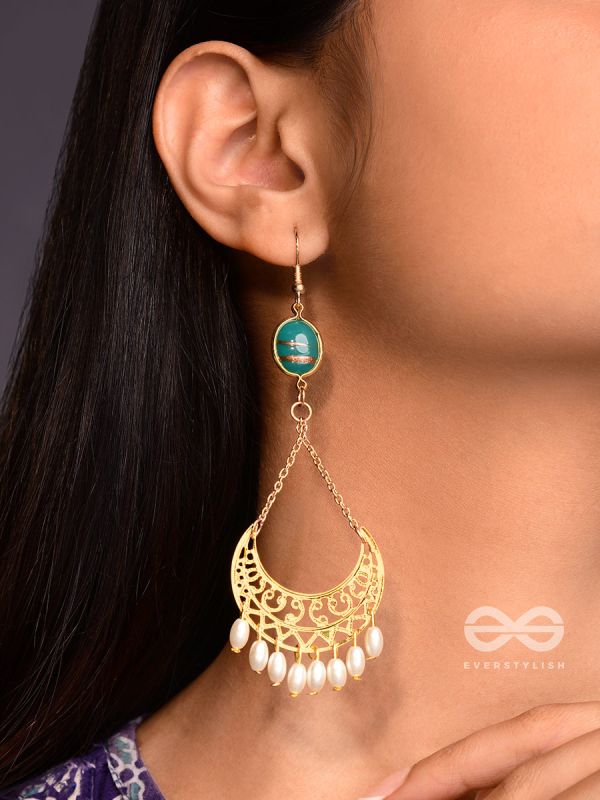 Over the Moon- Golden Stone and Pearls Earrings