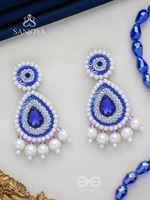 Parjanya - The Raindrop - Stone, Pearls And Beads Hand Embroidered Earrings (Cobalt Blue)