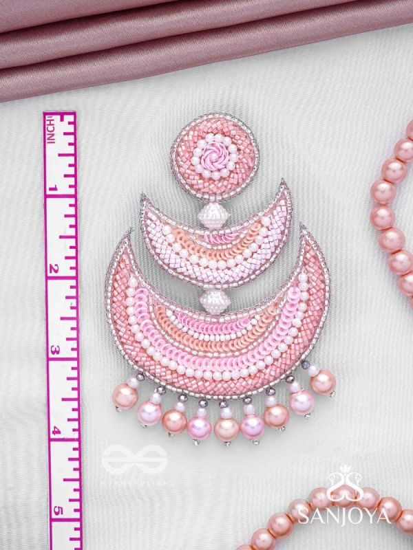 Sitasva - Dazzling Moons - Beads, Pearls And Sequins Hand Embroidered Earrings (Coral Pink)