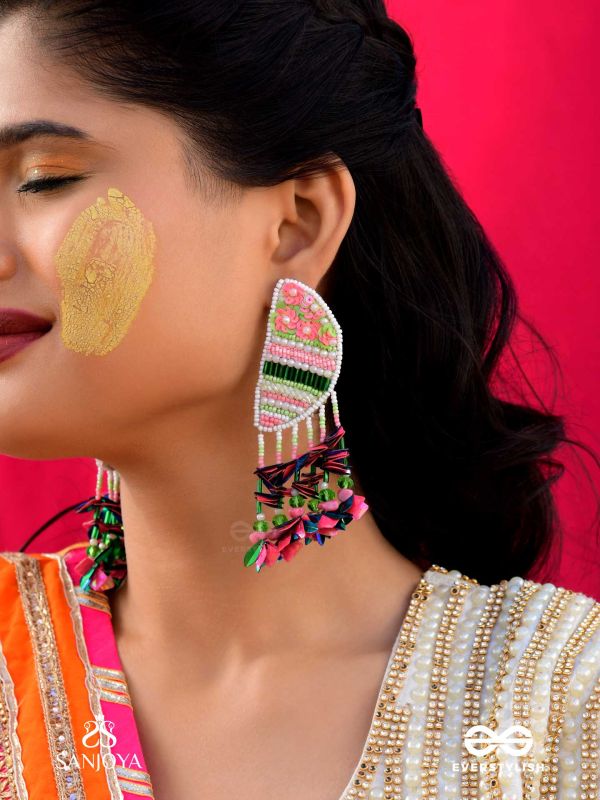 Unmish - The Budding Blossoms - Beads, Cutdana And Sequins Hand Embroidered Earrings