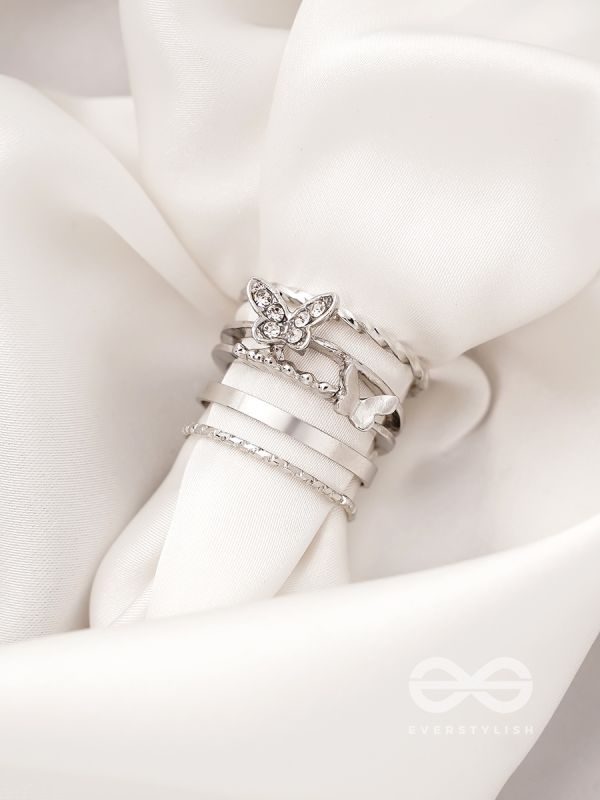 Moons n Butterfly- Set of 4 Silver Rings