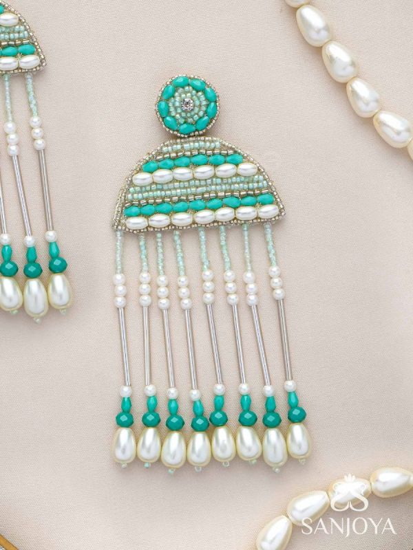 Kamsya- The Beautiful Bell- Swarovski, Pearls and Glass Beads Embroidered Earrings
