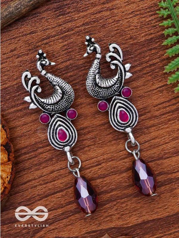 The Prancing Peacock- Embellished Oxidized Earrings (Magenta and Lavender) 