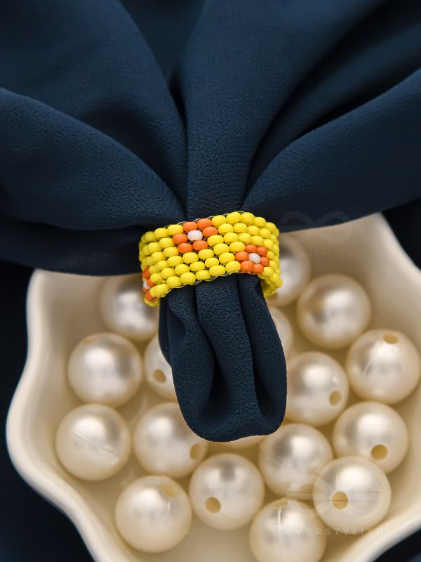 The Flower Meadow- Stretchable Yellow and Red Beaded Ring
