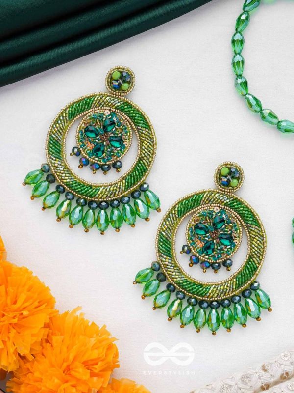 Sauparna- The Elegant Emerald- Stones and Glass Drops Embroidered Earrings